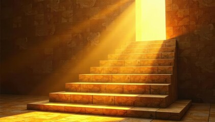 Golden staircase ascends, bathed in radiant light , success, luxury