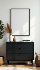 Modern Scandinavian living room; black frame, commode, dried flowers, basket, books, accessories, plant, apartment