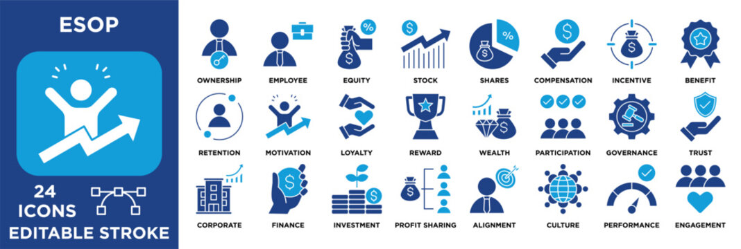 ESOP icon set illustrating employee ownership, equity, stock options, compensation, incentives, profit sharing, corporate governance, motivation, and engagement. vector solid illustration