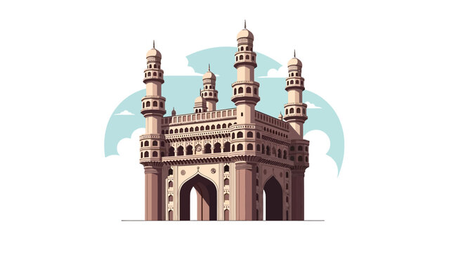 Digital illustration of the iconic Charminar landmark building in India, with a light blue sky and white clouds in the background.