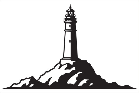 Lighthouse vector icon on rocky cliff. Black and white maritime beacon tower silhouette illustration.
Minimalist lighthouse logo design. Nautical