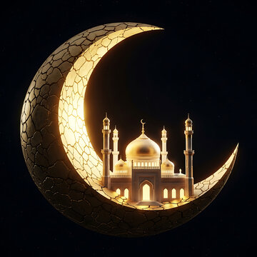 Radiant golden mosque gleams within a textured crescent moon, symbolizing Islamic faith, spirituality, and the festive spirit of holy celebrations like Ramadan and Eid