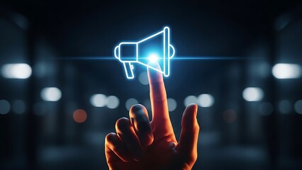 hand with index finger touching glowing blue megaphone icon at night with blurred city lights  technology and communication concept