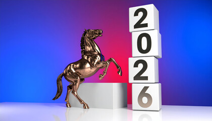 2026 year new chinese lunar horse celebration with bronze horse statue and number blocks