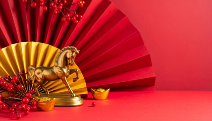 2026 year horse lunar new chinese celebration with golden horse statue and red fan background