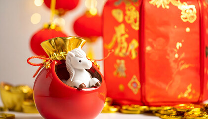 2026 lunar new year celebration with white horse figurine in red pouch and chinese decorations