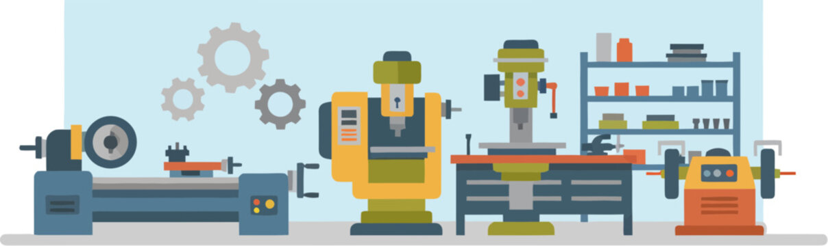 Colorful machine workshop interior with industrial equipment like a lathe drill press and grinder.