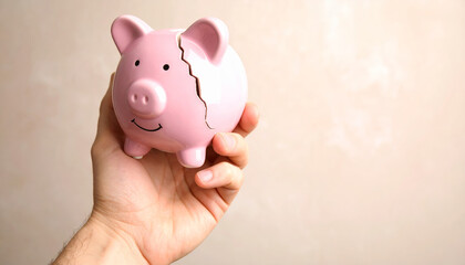 Broken piggy bank held in hand symbolizes financial crisis with loss of money savings and debt impacting economy and investment stability