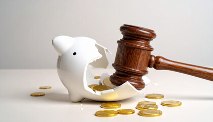 Broken piggy bank with money coins and wooden gavel symbolizing financial crisis loss debt bankruptcy and economy investment savings finance