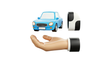 3D Illustration of Hand Offering a Blue Car and Wheel
