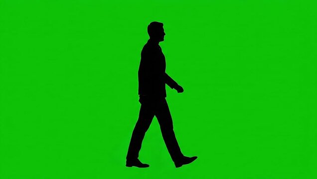Silhouette of a man walking on a green screen background in a business suit