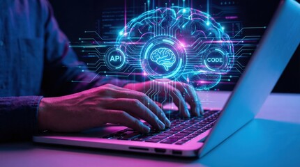 API and AI technologies. Business workflow automation. Platform for AI integration and data communication. Businessperson using laptop computer.