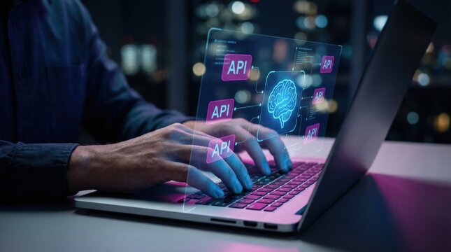 API and AI technologies. Business workflow automation. Platform for AI integration and data communication. Businessperson using laptop computer.