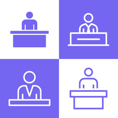 Four distinct modern minimalist icons depicting individuals at reception desks and podiums on alternating colored backgrounds.