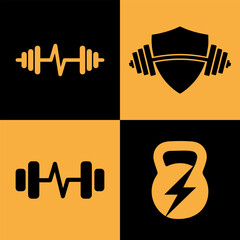 Fitness-themed graphic featuring four icons: a heartbeat dumbbell, a shield with dumbbells, a simple dumbbell, and a kettle bell with a lightning bolt.