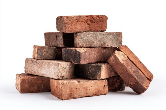 Pile of Vintage Clay Red Brick Blocks on White Background
