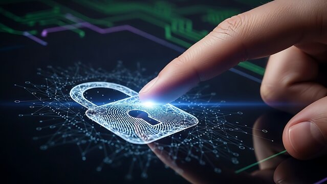 person touching a glowing blue lock with finger on digital screen with network connections and circuits in background  cybersecurity concept - Powered by Adobe