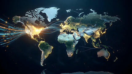 Global network with data streams on world map - digital transformation and technology concept
