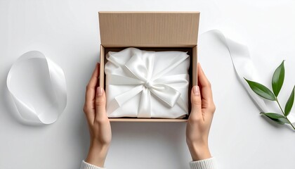 view of hands opening luxury package box with tissue paper, 