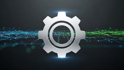 Silver gear icon with glowing lines and network connections on dark background technology and innovation concept