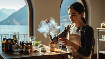 Woman in Laboratory Setting with Various Glassware and Chemicals, Creating Smoke
