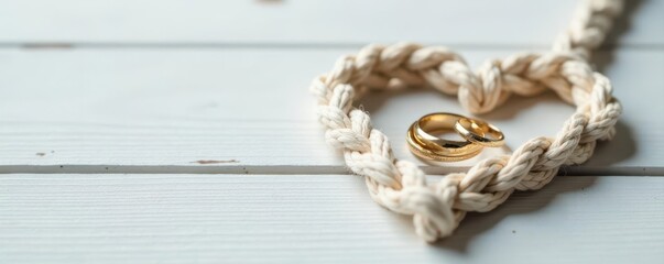 Heart-shaped rope entwined with double gold ring on white wood , love, romance, luxury