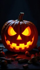 Intricately carved pumpkin glowing, dark background, jack-o-lantern, vegetable