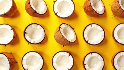 Ripe coconut halves arranged in a repeating pattern on a vibrant yellow background , food, fresh, summer vibes
