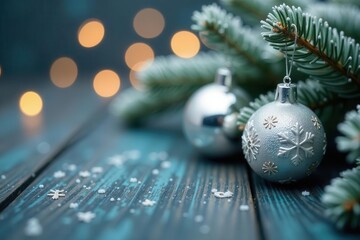 Silver & white snowflake ornaments, frosted pine branches backdrop , elegant, shiny, christmas