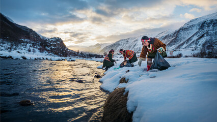 Environmental awareness scene, volunteers cleaning a snowy riverbank, winter nature, photorealistic, January 2026, community activity.