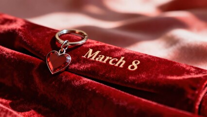 Red velvet fabric with golden embroidery displaying the date March 8, accompanied by a heart-shaped keychain, symbolizing International Women's Day celebration and empowerment