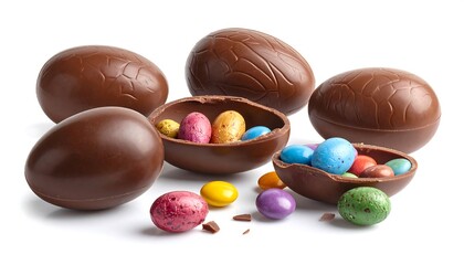 Several dark chocolate eggs, some whole and others split open to reveal small, colorful speckled candies