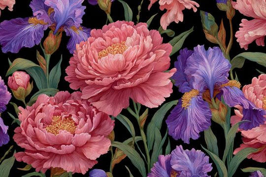 Digitally painted floral pattern with irises and peonies on a black background