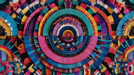 A vibrant display of colorful handmade fans in a symmetrical pattern, creating a striking visual impact