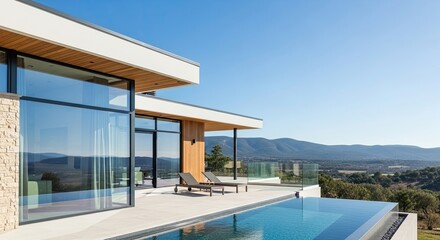 Fototapeta premium Modern house with a pool and mountains in the background.