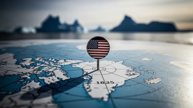A conceptual 3D map of the Arctic featuring a map pin with the American flag placed on Greenland.[1][2] Set against a backdrop of icebergs, it symbolizes US geopolitical and strategic interests in the