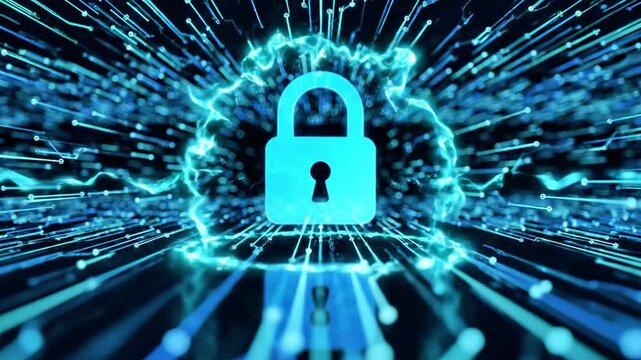 A glowing blue padlock surrounded by lines of light on a dark background with circuit board patterns