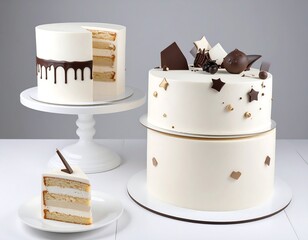 Several elegant, frosted cakes with decorations. One is cut, revealing layers. A slice sits on a plate
