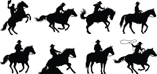Cowboy on horseback silhouettes collection showing western riders galloping rearing roping and riding isolated black figures for rodeo ranch wild west design themes © MD SHAHARIR