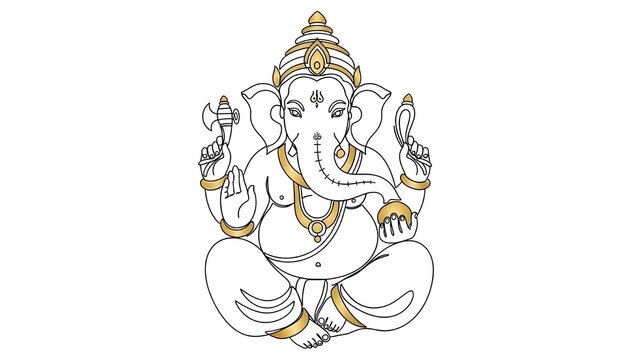 Lord Ganesha line art illustration with gold accents, Hindu god of wisdom and success sitting in meditation, spiritual vector.