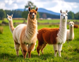 Several fluffy, colorful South American mammals stand in a lush green pasture under a partly cloudy sky. The animals gaze directly at the viewer