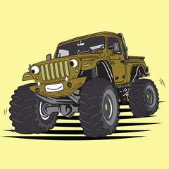 Cute Smiling Green Cartoon Monster Truck Vector Illustration © Md