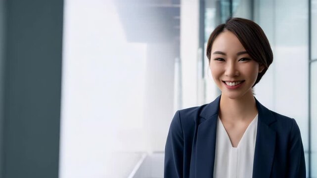 portrait of a professional businesswoman, A professional Asian businesswoman standing and smiling confidently. She exudes a friendly and approachable demeanor, dressed in formal business