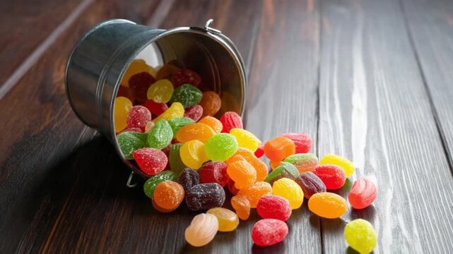 Colorful hard candies spilling from a bucket onto a wooden table
