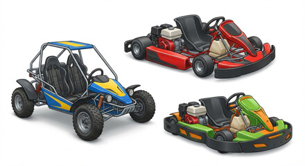 Fototapeta premium A collection of colorful go-karts, including a dune buggy and two racing karts, isolated on a white background, ready for a speed race or off-road adventure