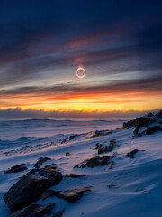 A dramatic annular solar eclipse over icy landscape during February 17, 2026, capturing the &ldquo;ring of fire&rdquo; effect with vivid atmospheric sky, photorealistic.