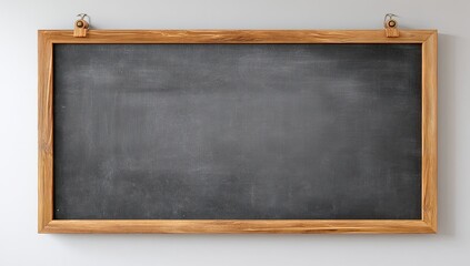 Obraz premium Plain chalkboard with wooden frame, hanging from small pegs, against a neutral white wall