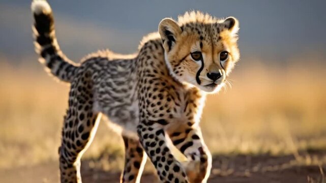 Adorable cheetah cub exploring its natural habitat at sunrise