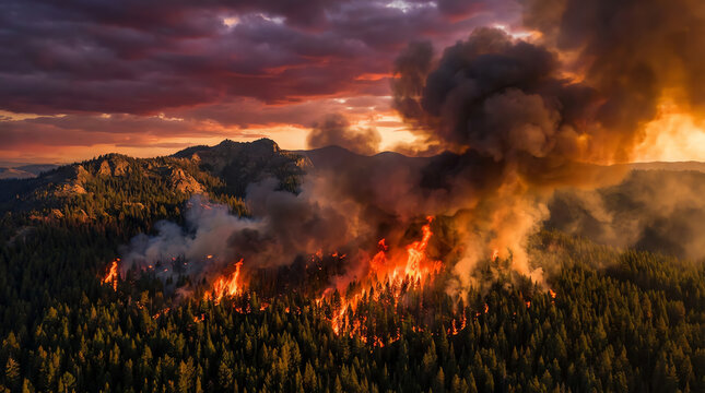A massive wildfire engulfs a dense forest with towering flames and thick smoke under a dramatic sunset sky over rugged mountainous terrain