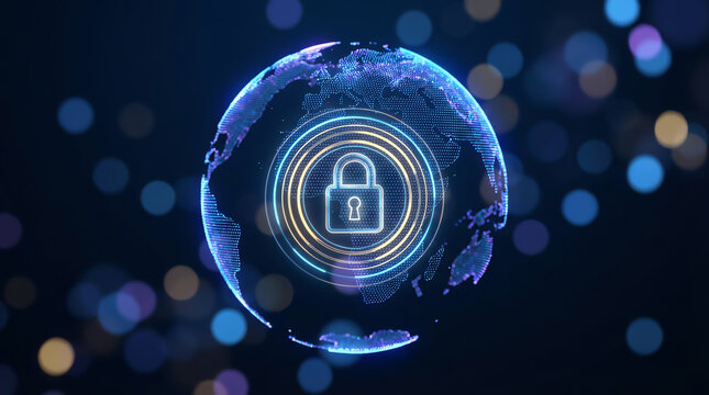 Digital globe with a glowing padlock symbol at the center, representing global cybersecurity, data protection, and internet security in a futuristic, tech-inspired design - Powered by Adobe